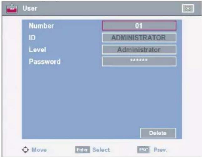 User Number 01 ID ADMINISTRATOR Level Administrator Password ****** Delete Move Enter Select ESC Prev.