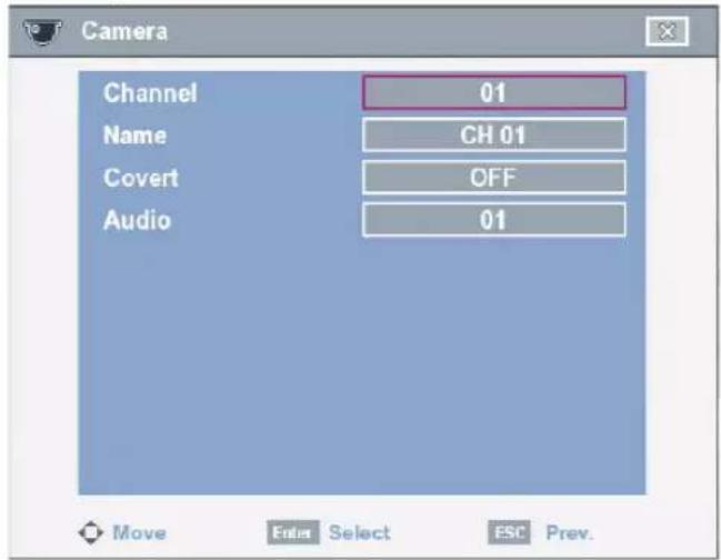 Camera Channel 01 Name CH 01 Covert OFF Audio 01 Move Enter Select ESC Prev.