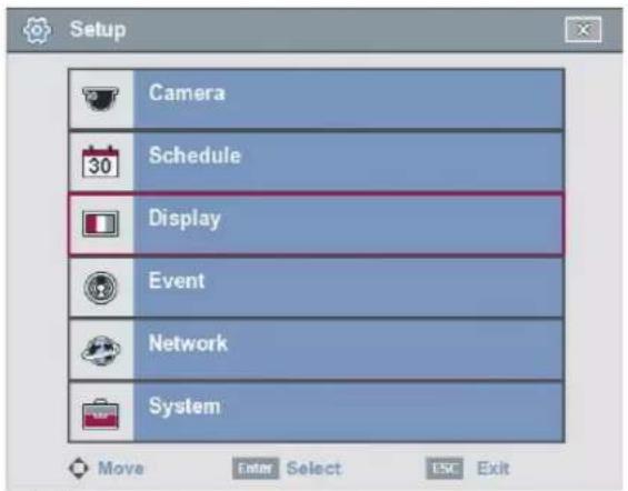 Setup Camera 30 Schedule Display Event Network System Move Enter Select ESC Exit