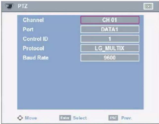 PTZ Channel CH 01 Port DATA1 Control ID 1 Protocol LG_MULTIX Baud Rate 9600 Move Enter Select ESC Prev.