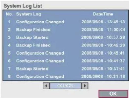 System Log List No. System Log Date/Time 1 Configuration Changed 2008/09/08 - 13:45:13 2 Backup Finished 2008/09/08 - 11:00:04 3 Backup Started 2008/09/08 - 10:57:28 4 Backup Finished 2008/09/08 - 10:46:20 5 Configuration Changed 2008/09/08 - 10:45:41 6 Configuration Changed 2008/09/08 - 10:41:37 7 Backup Started 2008/09/08 - 10:37:41 8 Configuration Changed 2008/09/08 - 10:31:18 OK