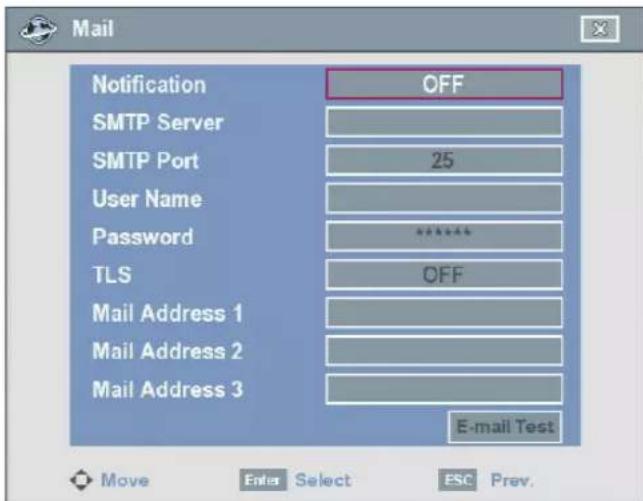Mail Notification OFF SMTP Server SMTP Port 25 User Name Password ****** TLS OFF Mail Address 1 Mail Address 2 Mail Address 3 E-mail Test Move Enter Select ESC Prev.