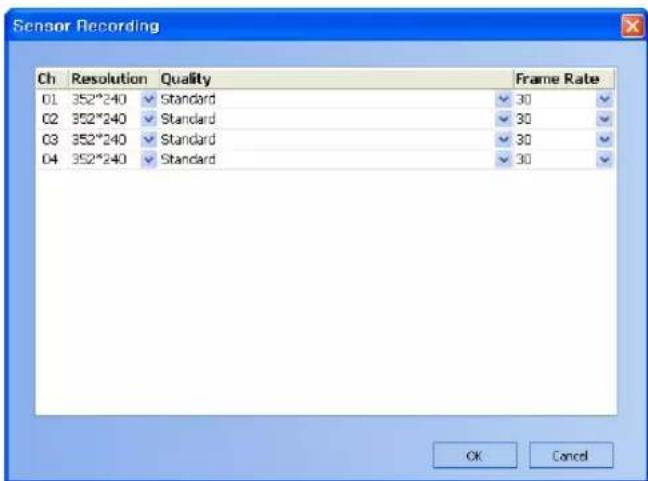 Sensor Recording Ch Resolution Quality Frame Rate 01 352*240 ✓ Standard ✓ 30 02 352*240 ✓ Standard ✓ 30 03 352*240 ✓ Standard ✓ 30 04 352*240 ✓ Standard ✓ 30 OK Cancel