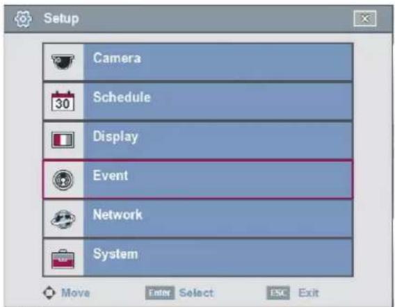 Setup Camera 30 Schedule Display Event Network System Move Enter Select ESC Exit