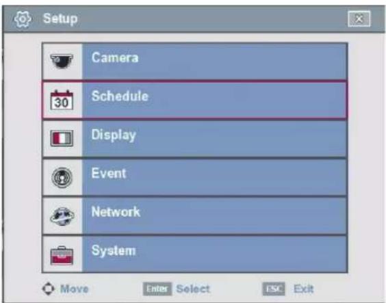 Setup Camera 30 Schedule Display Event Network System Move Enter Select ESC Exit