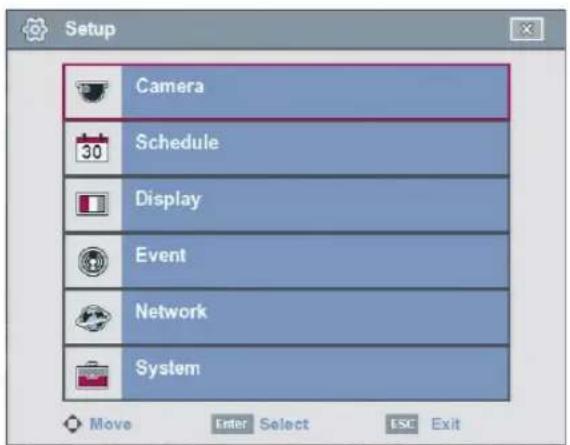 Setup Camera 30 Schedule Display Event Network System Move Enter Select ESC Exit