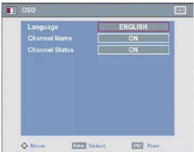 OSD Language ENGLISH Channel Name ON Channel Status ON Move Enter Select ESC Prev.