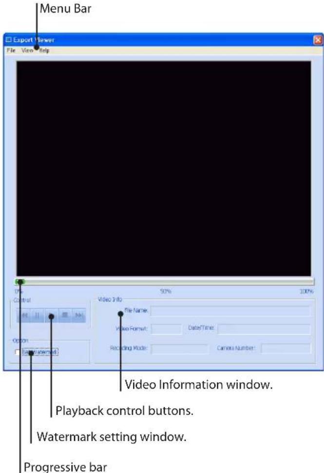 Menu Bar Export Viewer File View Help Control 50% Video Info File Name: Video Format: Date/Time: Recording Mode: Camera Number: Option Early Internet Video Information window. Playback control buttons. Watermark setting window. Progressive bar