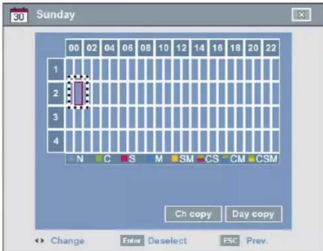 30 Sunday 00 02 04 06 08 10 12 14 16 18 20 22 1 2 3 4 N C S M SM CS CM CSM Ch copy Day copy Change Enter Deselect ESC Prev.