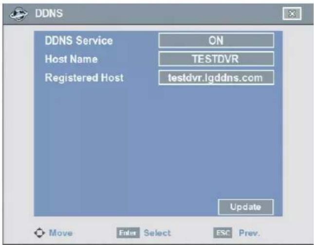 DDNS DDNS Service Host Name Registered Host ON TESTDVR testdvr.lgddns.com Update Move Enter Select ESC Prev.