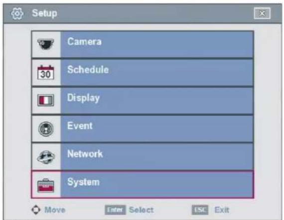 Setup Camera 30 Schedule Display Event Network System Move Enter Select ESC Exit