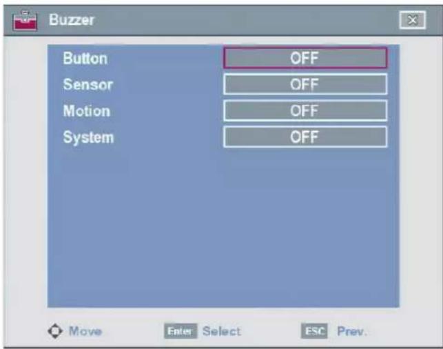 Buzzer Button OFF Sensor OFF Motion OFF System OFF Move Enter Select ESC Prev.