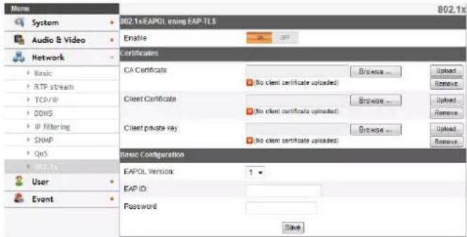 802.1xEAPOL using EAP-TLS Enable Certificates CA Certificate (No client certificate uploaded) Client Certificate (No client certificate uploaded) Client private key (No client certificate uploaded) Basic Configuration EAPOL Version: 1 EAP ID: Password Save