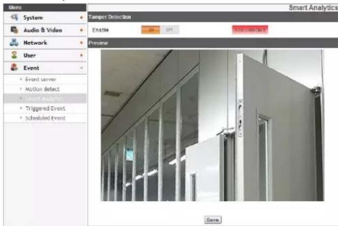 Menu System Audio & Video Network User Event Event server Motion detect Triggered Event Scheduled Event Tamper Detection Enable OK Cancel NOT Detected Preview Save