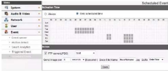 System Audio & Video Network User Event Event server Motion detect Smart Analytics Triggered Event Scheduled Event Activation Time Always Only scheduled time Gum Mmp Tat Pwnt Thps Fps Sat Action FTP server(IPDO) 10:01 Send Image per 5 seconds [Second] Once File Name NewPageName .jpg Quitx DeleteTime Save