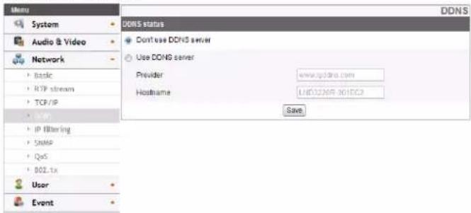 Menu System Audio & Video Network Basic RTP stream TCP/IP User Event DDNS status Don't use DCRS server Use DONG server Provider www.spdbns.com Hostname LHD22NR-301DC3 Save