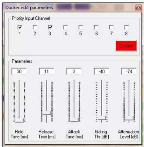 Ducker edit parameters Priority Input Channel 1 2 3 4 5 6 7 8 Codem Parameters 30 11 3 -40 -74 Hold Release Attack Gating Attenuation Time [ms] Time [ms] Time [ms] Thr [dB] Level [dB]