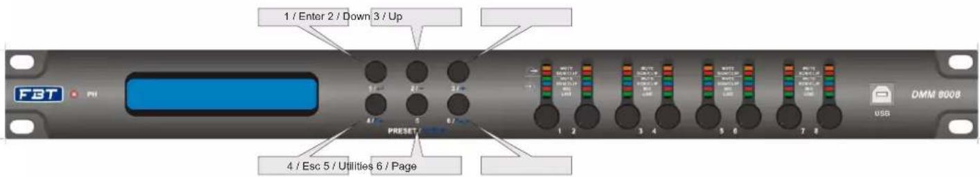 1 / Enter 2 / Down 3 / Up FET PRET 4 / Esc 5 / Utilities 6 / Page DMM 8008 USB