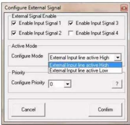 Configure External Signal External Signal Enable Enable Input Signal 1 Enable Input Signal 3 Enable Input Signal 2 Enable Input Signal 4 Active Mode Configure Mode External Input line active High External Input line active High External Input line active Low Priority Configure Priority 0 ? Cancel Confirm