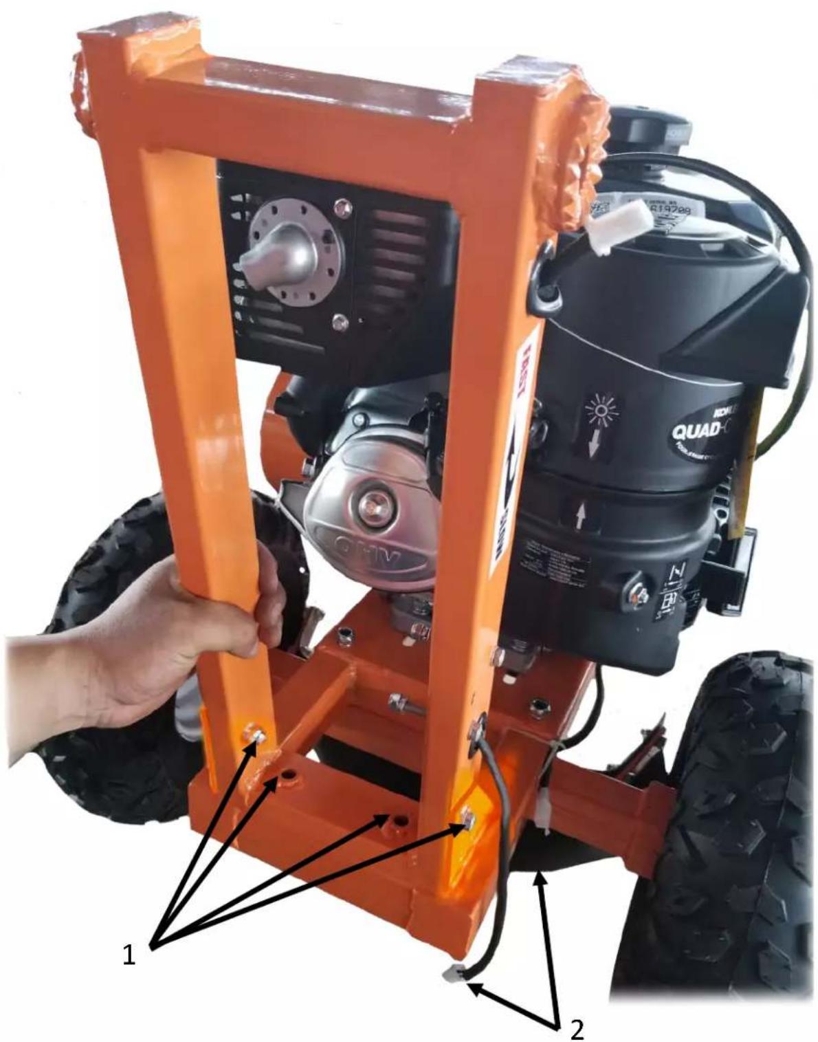 Photo of an orange industrial machine with labeled parts and a hand adjusting the component, showing numbered callouts.