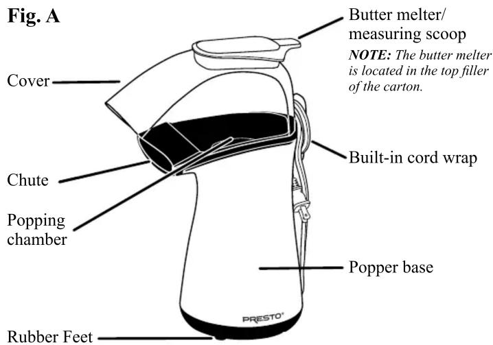 Fig. A Cover Chute Popping chamber Rubber Feet Butter melter/ measuring scoop NOTE: The butter melter is located in the top filler of the carton. Built-in cord wrap Popper base PRESTO®
