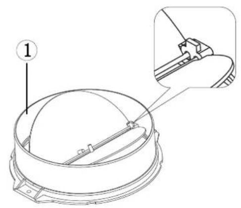 Technical diagram showing a mechanical assembly with labeled component 1 and an inset view of a device.