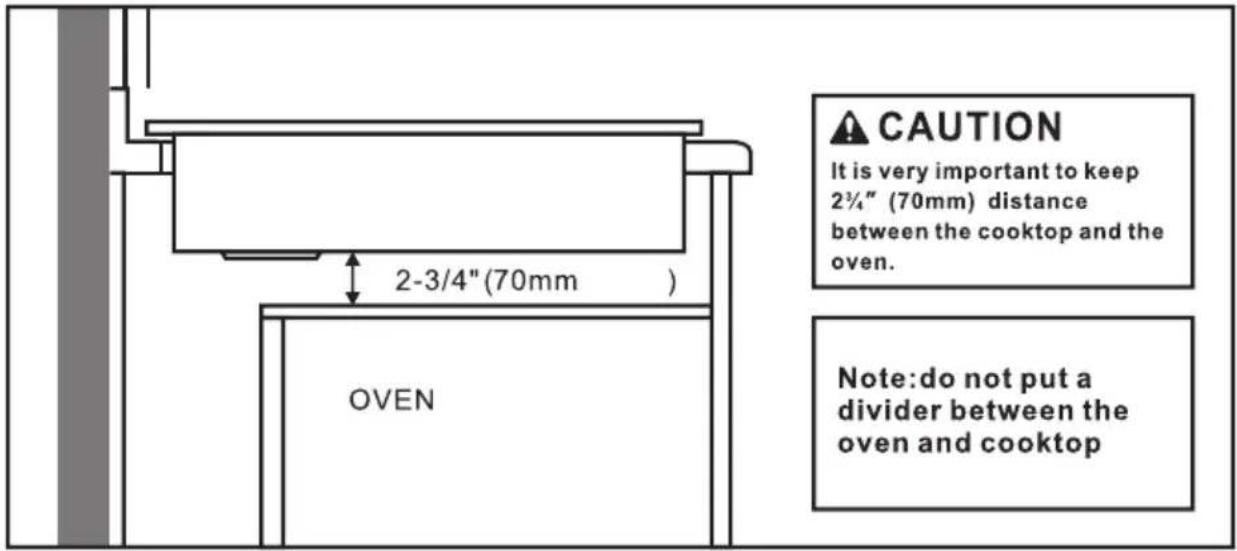 CAUTION It is very important to keep 2¾" (70mm) distance between the cooktop and the oven. 2-3/4" (70mm ) OVEN Note:do not put a divider between the oven and cooktop