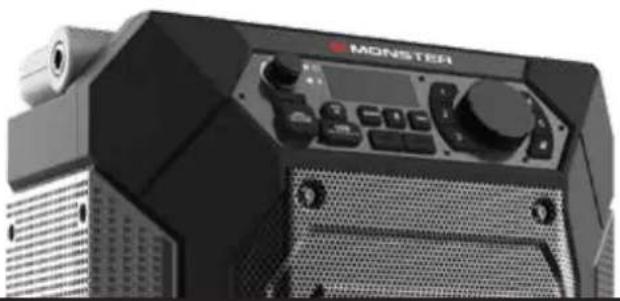 Close-up of a black MONSTER industrial device with control knobs and mesh grille (no visible text or symbols)