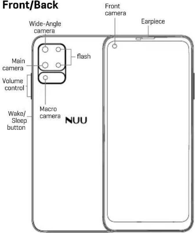 Front/Back Wide-Angle camera flash Main camera volume control Macro camera Wake/ Sleep button Front camera Earpiece NUU