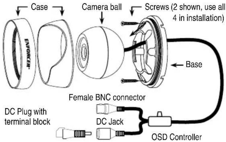 Case Camera ball Screws (2 shown, use all 4 in installation) ENFORER® Base Female BNC connector DC Plug with terminal block DC Jack OSD Controller