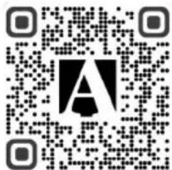 QR code with a large stylized letter 'A' in the center, likely linking to a digital resource or website.