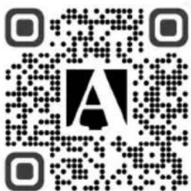 QR code with central logo containing stylized letter 'A' and dotted pattern