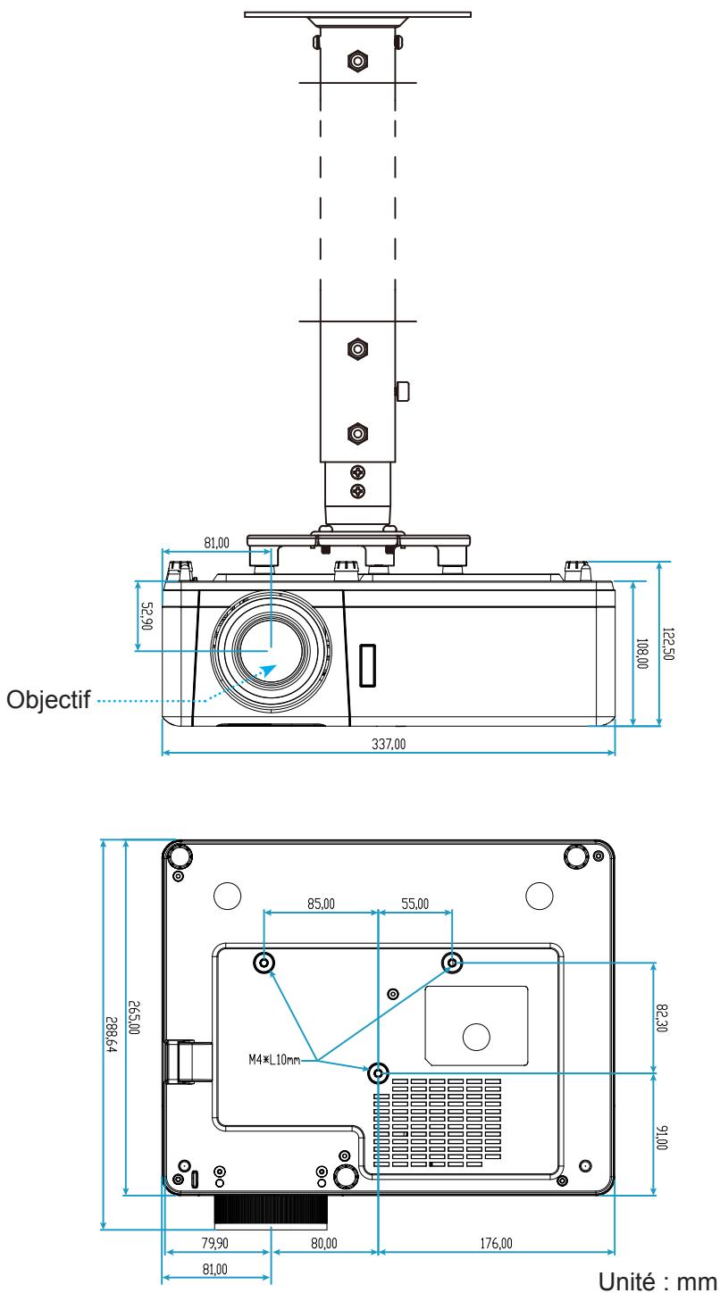 OPTOMA HZ40 - Dimensions du projecteur et installation au plafond - 1