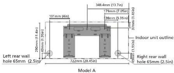 348.4mm (13.7in) 179mm (7.05in) 36mm (3.35in) 37mm (1.45in) 290mm (11.4in) 49mm (1.95in) 101mm (4in) 200mm (1.95in) Indoor unit outline Left rear wall hole 65mm (2.5in) 722mm (28.45in) Right rear wall hole 65mm (2.5in) Model A