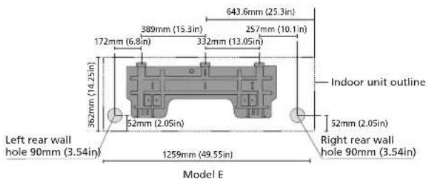 643.6mm (25.3in) 389mm (15.3in) 257mm (10.1in) 172mm (6.8in) 332mm (13.05in) 362mm (14.25in) 52mm (2.05in) Indoor unit outline 52mm (2.05in) Left rear wall hole 90mm (3.54in) Right rear wall hole 90mm (3.54in) 1259mm (49.55in) Model E
