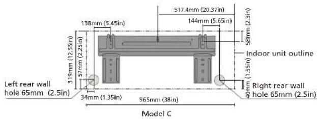 Left rear wall hole 65mm (2.5in) 319mm (12.55in) 57mm (2.25in) 34mm (1.35in) 138mm (5.45in) 965mm (38in) 144mm (5.65in) 517.4mm (20.37in) 58mm (2.3in) Indoor unit outline 40mm (1.55in) Right rear wall hole 65mm (2.5in) Model C