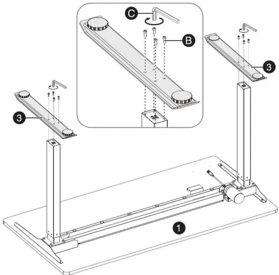 Technical diagram of a mechanical device with labeled components and assembly steps