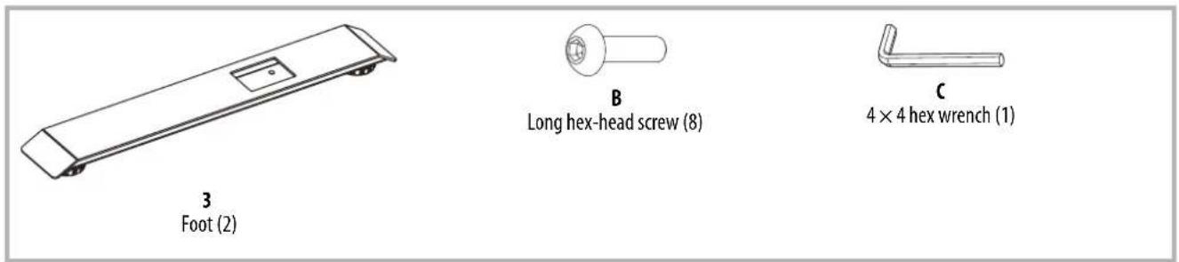 3 Foot (2) B Long hex-head screw (8) C 4 × 4 hex wrench (1)