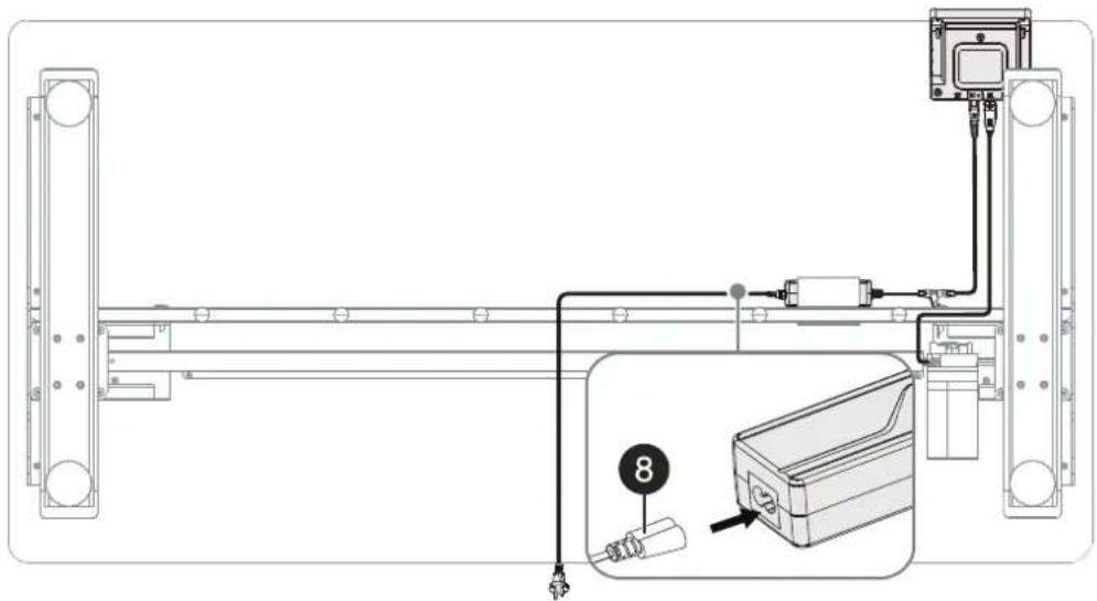 Technical diagram showing electrical connection setup with labeled components and a magnified inset of a device labeled '8'