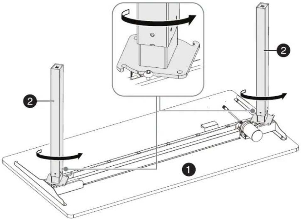 Technical diagram of a mechanical assembly with labeled components and motion arrows indicating rotational movement.