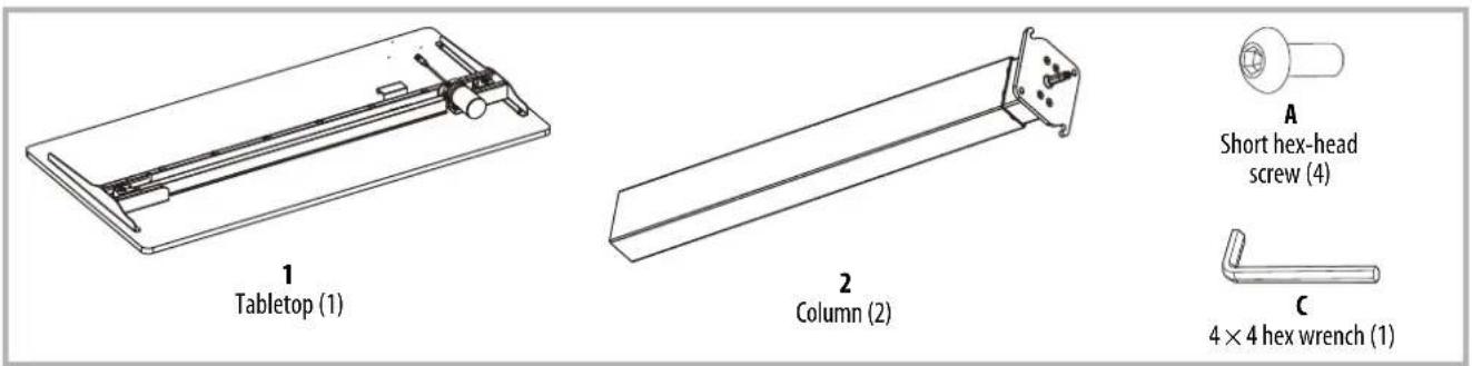 1 Tabletop (1) 2 Column (2) A Short hex-head screw (4) C 4 × 4 hex wrench (1)