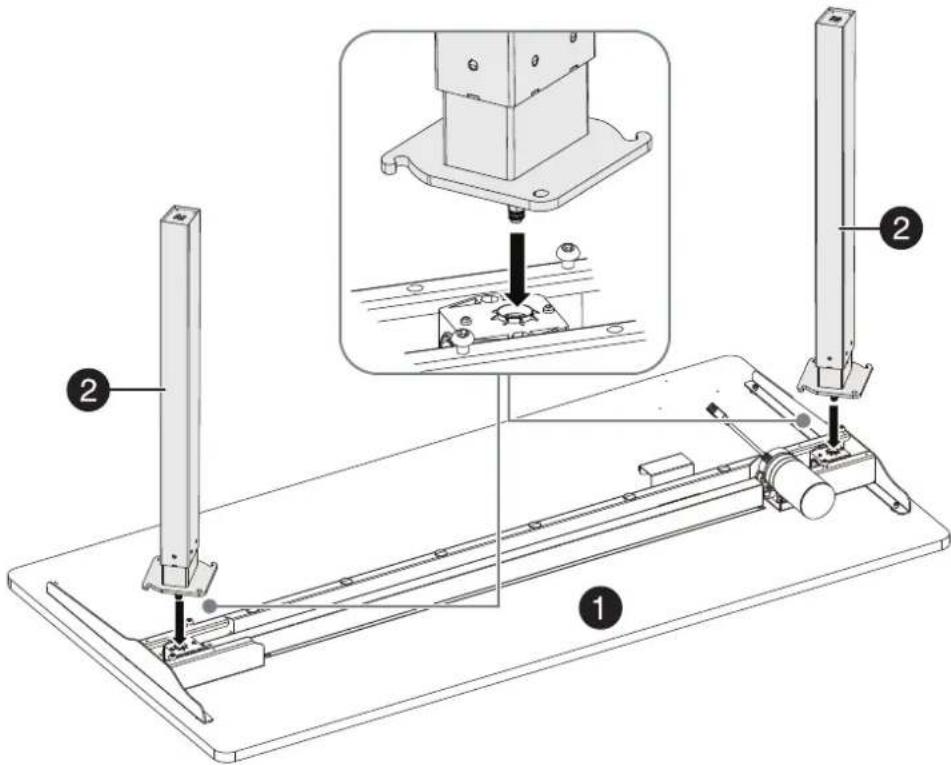 Technical diagram of a mechanical testing setup with labeled components and assembly steps
