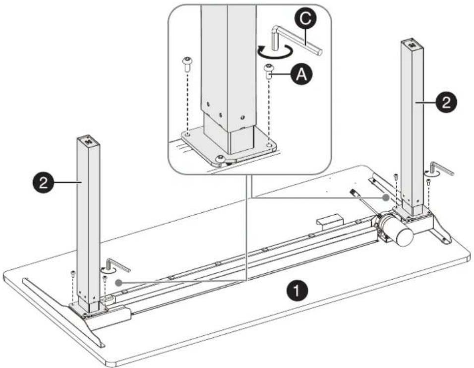 Technical diagram of a mechanical testing setup with labeled components and assembly steps