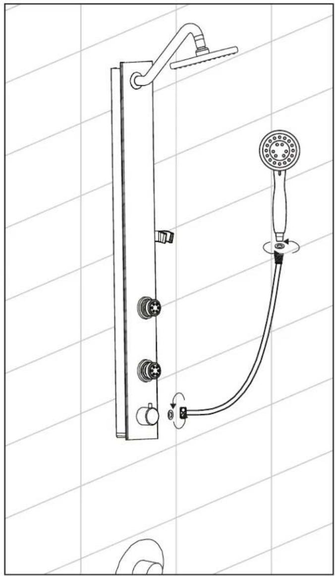 Technical line drawing of a showerhead with attached tubing and control knobs (no text or symbols)