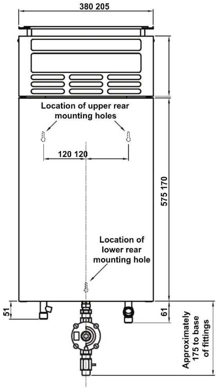 380 205 Location of upper rear mounting holes 120 120 575 170 Location of lower rear mounting hole 61 Approximately 175 to base of fittings 51