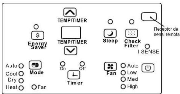TEMP/TIMER Energy SaveF TEMP/TIMER Sleep Check Filter I SENSE Receptor de serial remota Auto Mode On Off Timer Fan Auto Low Med High