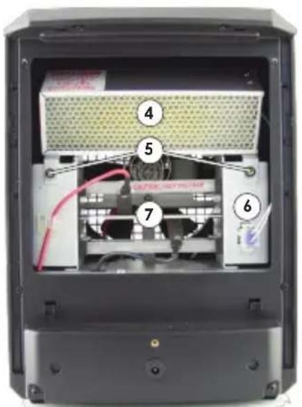 Labeled diagram of an electronic device showing internal components and wiring, with numbered annotations pointing to different parts.