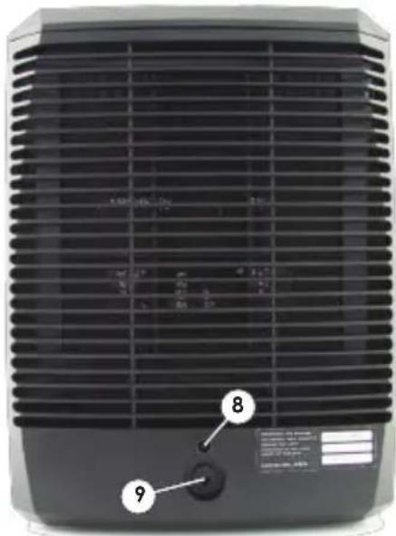 Image of a portable electric heater with labeled components 8 and 9, showing grille and control panel details.