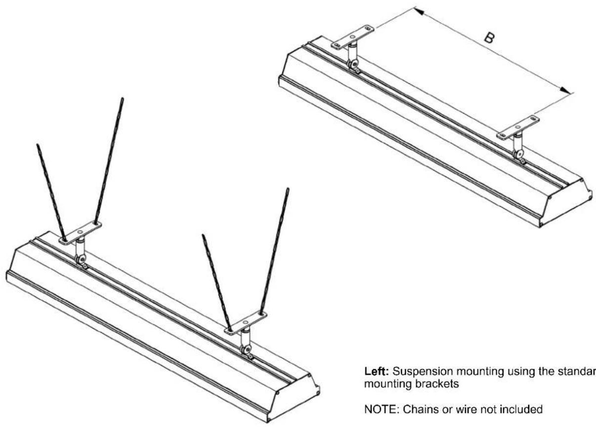 Left: Suspension mounting using the standard mounting brackets NOTE: Chains or wire not included