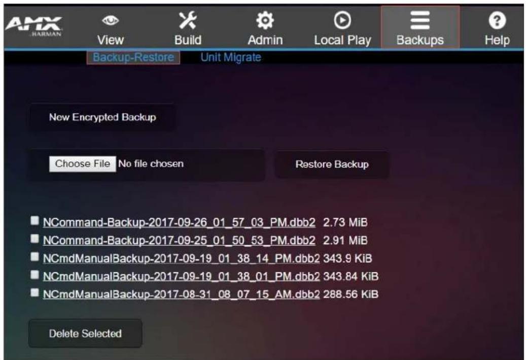 AMX HARMAN View Build Admin Local Play Backups Help Backup-Restore Unit Migrate New Encrypted Backup Choose File No file chosen Restore Backup NCommand-Backup-2017-09-26_01_57_03_PM.dbb2 2.73 MiB NCommand-Backup-2017-09-25_01_50_53_PM.dbb2 2.91 MiB NCmdManualBackup-2017-09-19_01_38_14_PM.dbb2 343.9 KiB NCmdManualBackup-2017-09-19_01_38_01_PM.dbb2 343.84 KiB NCmdManualBackup-2017-08-31_08_07_15_AM.dbb2 288.56 KiB Delete Selected